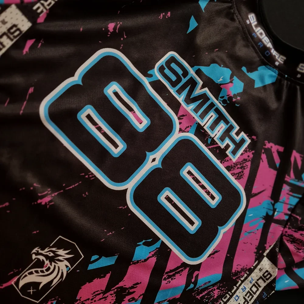 Custom player name and number on the back of a SlideFirePro jersey