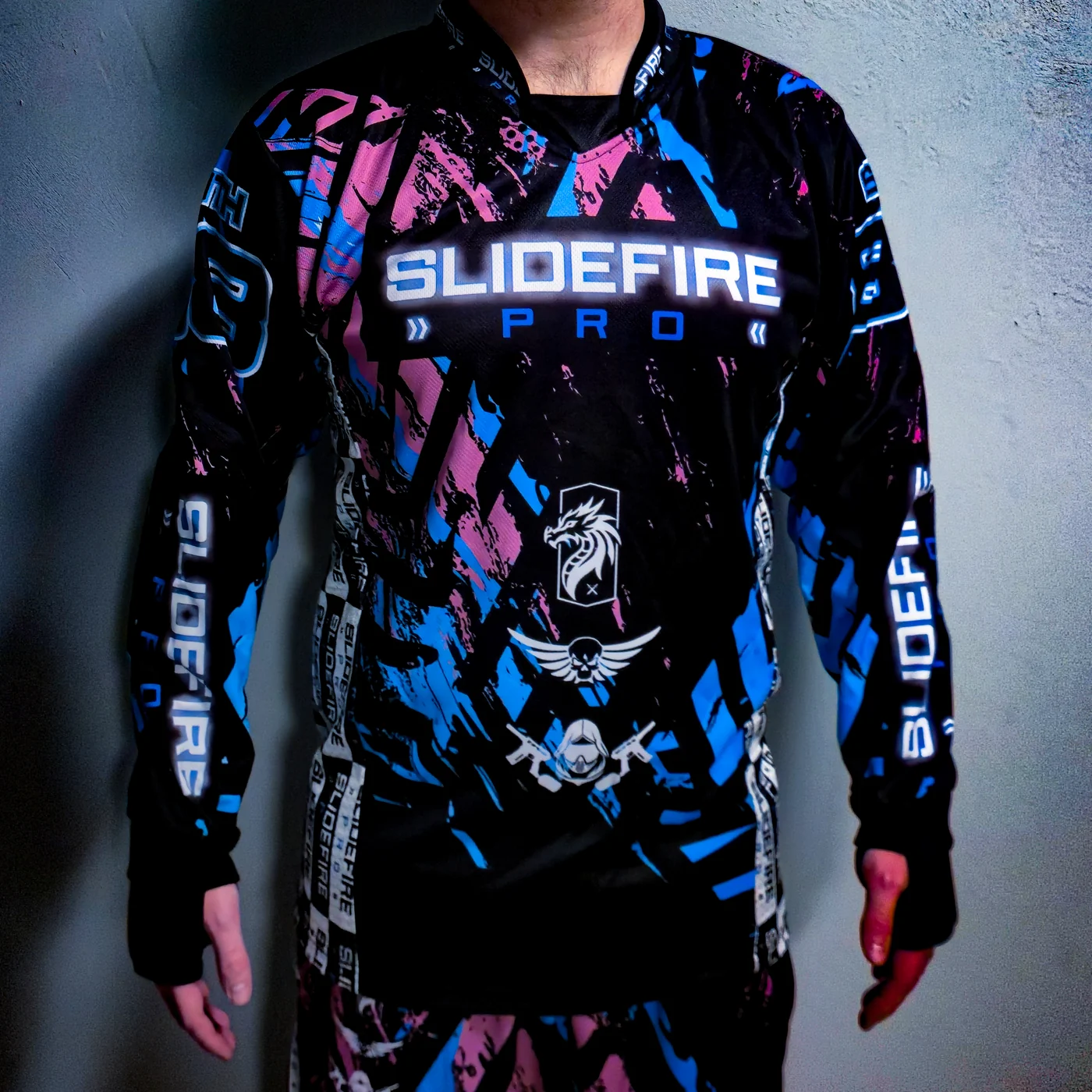 Front of a custom SlideFirePro jersey with padded forearms